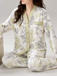 [PONX]2pcs Women's V-Neck Cardigan Sleepwear Set, Long Sleeve Top And Long Pants, Skin-Friendly Homewear For Spring & Autumn - Multicolor - View 2