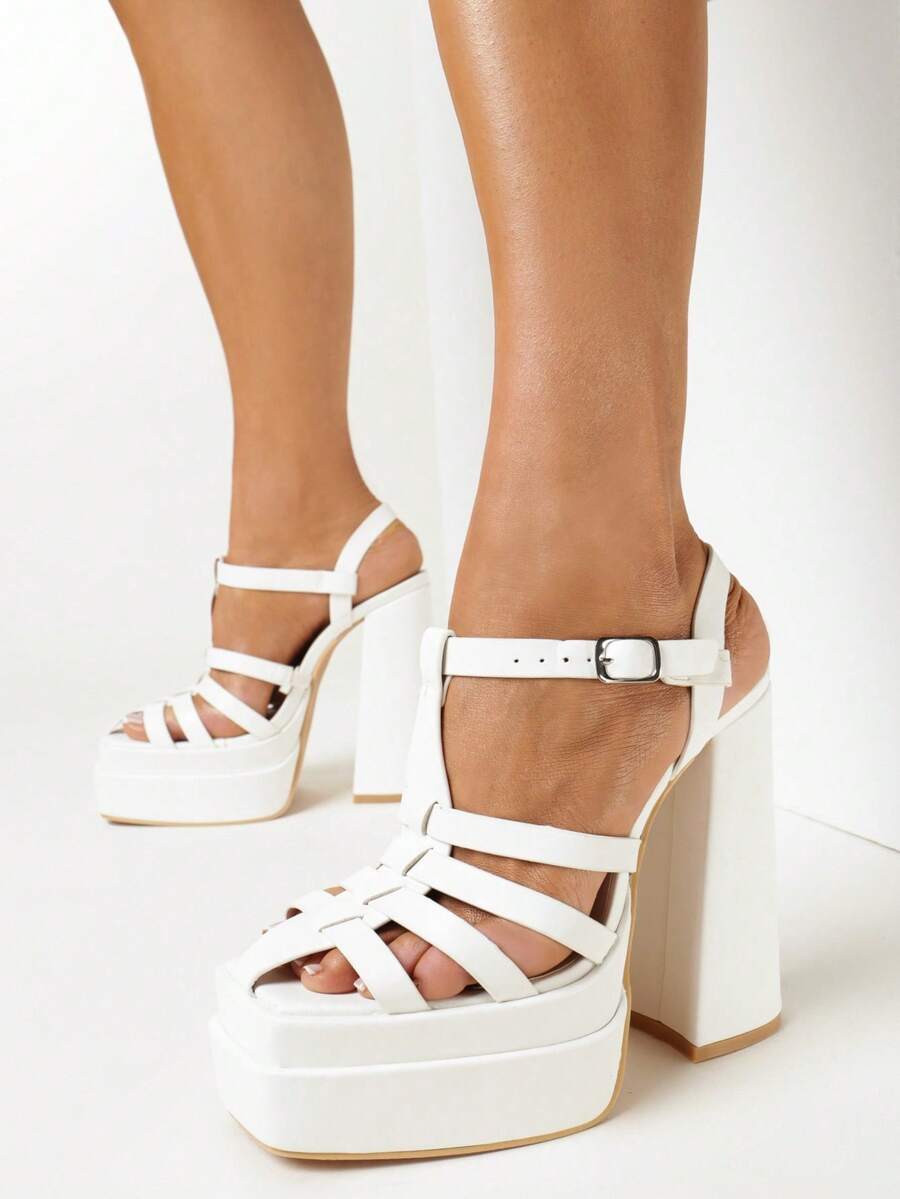 Platform And Block Heel Sandals With Thin Straps And Buckle - White - View 1