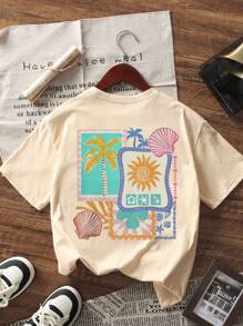 女童热带夏季图案印花短袖T恤，学生幼童装，适合准备玩耍的女孩的夏季上衣