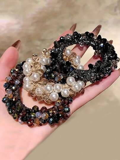 3pcs Women's Rhinestone Hair Scrunchies, Basic Elegant Sophisticated High Elastic No-Damage Hairstyle Accessories Decorative Hair Ties For Bun, Classy Casual Outfit Hair Accessories Ponytail Holders, Rubber Band ,Hair Rope