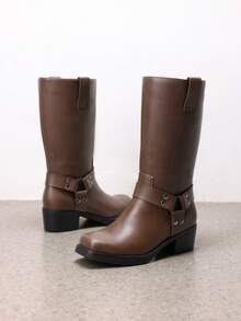 Dream Pairs Women's Motorcycle Boots Fashion Casual Slip-On Buckle  Square Toe, Western Boots Chunky Heel  Autumn & Winter Tall Boots,Knee High Boots , Mid-Calf Boots For Festival Go With Dress Brown Boots - 棕色 - 查看 6