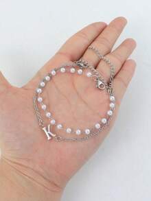 Bộ 2 món phong cách tối giản gồm dây chuyền mặt chữ, dây chuyền thép không gỉ mạ vàng và vòng tay ngọc trai giả, dành cho nữ. - Vàng - Xem 4