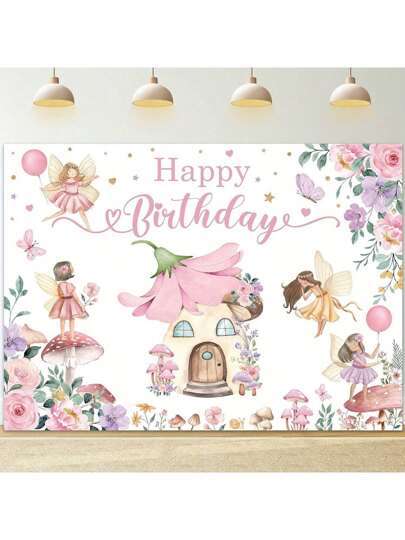 Fairy Tale Birthday Party Photography Background - Polyester Fiber Wonderland Flower And Mushroom Banner, Suitable For Birthday Parties, General Photography Props - Featherless -1 Piece