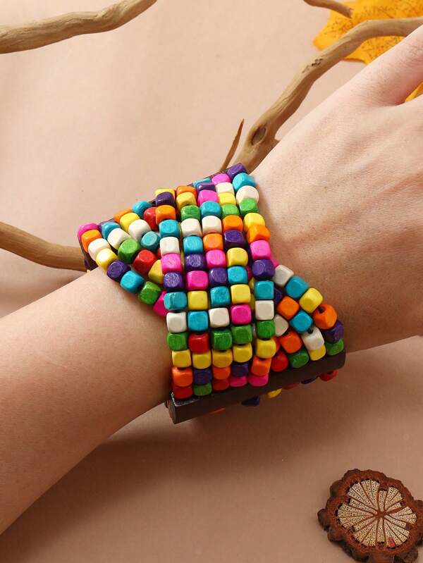 Wooden Beaded Bracelet, Handmade Bohemian Holiday Wristband For Women