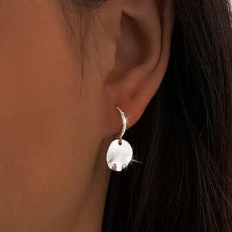 925 Sterling Silver Asymmetrical Fashion Minimalist Smooth Round Disc Hoop Earrings For Women