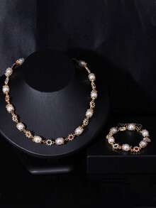 2 件男士时尚嘻哈风格仿珍珠花卉项链和铜镶嵌方晶锆石手链套装，适合日常佩戴、派对、节日礼物