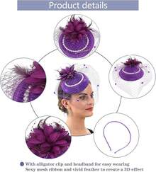 Ibeauti Fascinator Hats With Screentouch Lace Gloves Set Women Tea Party Cocktail Wedding Derby Headwear Short Gloves - 01 紫色 - 查看 2