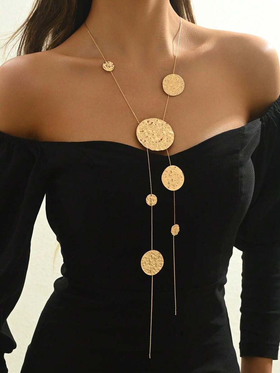 1pc Women's Y-Shape Necklace, Fashionable Asymmetrical Hammered Round Disc Geometric Long Tassel Necklace, Suitable For Daily Wear & Street Style