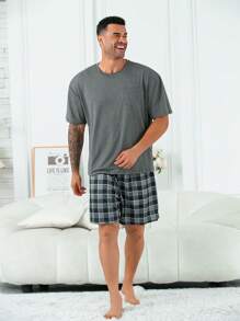 2pcs/Set Oversized Men's Casual Loose Pocket Round Neck Short Sleeve Plaid Shorts Pajama Set, For Spring/Summer Loungewear