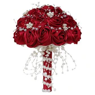 1 bouquet de décoration de perles Bouquet de mariée en satin bordeaux rose artificiel pour demoiselle d'honneur, décoration de perles romantique à la main fleur éternelle W809