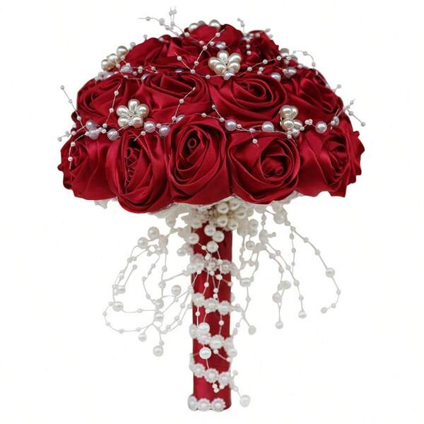 1 Buquê de Decoração de Pérolas Marsala Rosa Artificial Cetim Dama de Honra, Decoração de Pérolas Romântica Feita à Mão Flor Eterna W809