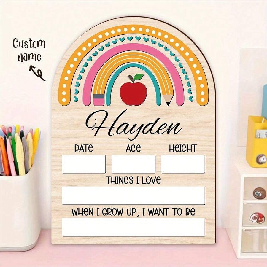 1pc, Customizable Back To School Decoration Board With Name, First Day Of School Date, Student Return Sign, First Day Clock, Apple, Colored Pencils, Flags, Scissors Design Wooden Back To School Gift, Back To School Season
