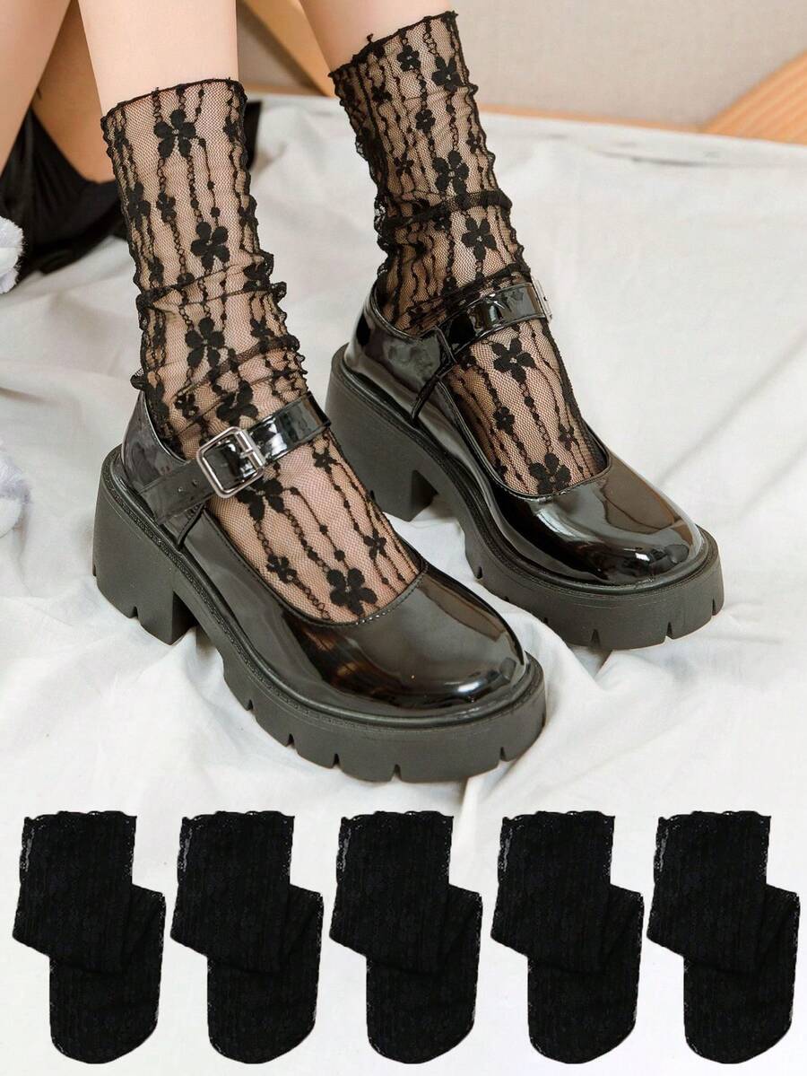 5 双蕾丝花网透明透气中筒袜，新款时尚女士网眼小腿袜，可爱甜美风格