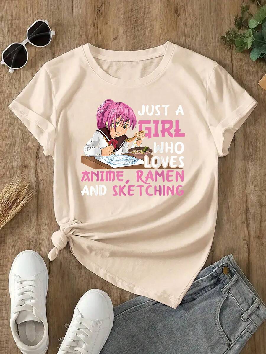 1 Piece Anime And Alphabet Print Round Neck T-Shirt, Spring/Summer 200g Polyester Casual Short-Sleeved Top, Women's Clothing