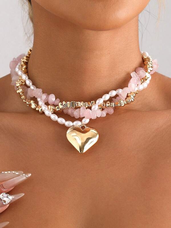 1pc Raspberry Pink Natural Stone Baroque Pearl Multi-Layered Necklace, Elegant Fashion Heart Shaped Pendant Necklace For Women, Suitable For Party, Vacation, Casual Occasions