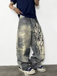 1 Stück Vintage-Stil grafischer Muster, locker sitzende, lässige Weite Bein Jeans Hose für Herren, Emo-Stil
