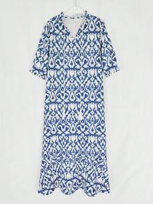 Jisfaneya Off-Center Print Bohemian-Style Woven Fabric Blue Maxi Dress: Casual Spring/Summer Dress For Vacation And Everyday Wear Elegant - Blue - View 2
