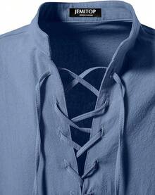 Men's Pure Cotton Retro Lace Up Shirts For Renaissance Pirate Viking Medieval - Indigo Blue - View 4