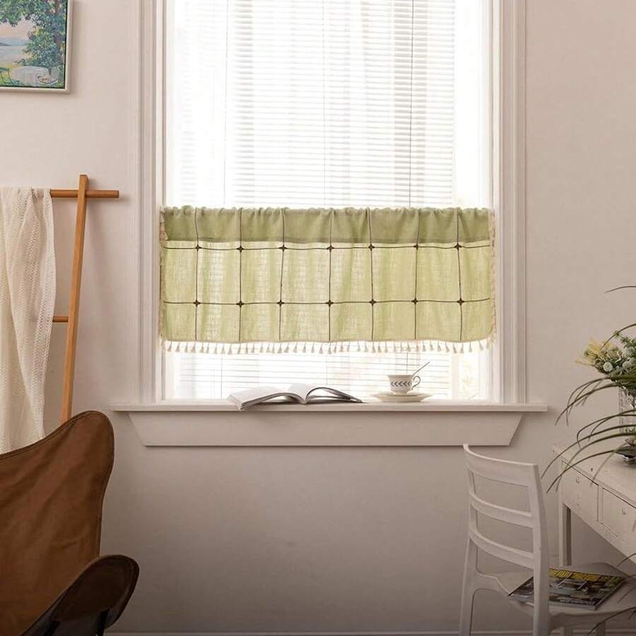 Boho Curtains 84 Inches Long Bedroom, Taupe Cotton Linen White Stripes Embroidery, Chic Hollow Geometric, Semi Blackout Window Vintage Drape With Tassels, 1 Panel W52 X L84, Fashionable Home Decor - 作為 - 查看 1