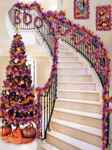 1pc Halloween Decoration, Halloween Metal Wire Wreath With Orange Pumpkin, Black Spiders, Purple Bats, Shiny Metallic Twisted Wreath For Home, Indoor, Outdoor, Party Decor Home Decor Fall Decor Room Decor
