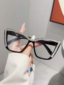 Ochelari de vedere supradimensionați cu ramă Cat-Eye la modă, 1 buc., cu lentile transparente și decor cu strasuri, accesoriu elegant personalizat, potrivit pentru asortarea modei de zi cu zi și pentru naveta zilnică.