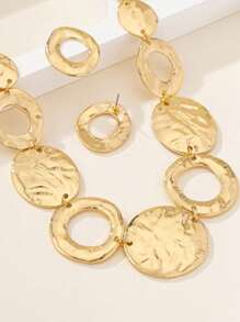 3pcs/Set Elegant Geometric Necklace+Earring Jewelry Set, Asymmetrical Circle Hammered Hollow Design, Fashion Minimalist, Suitable For Daily, Holiday, Party, High-End Luxurious Accessories