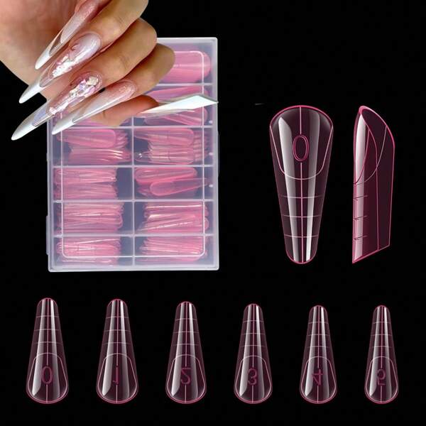 120PCS Pink Almond Double Nail Full Set Nail Mold, 12 Sizes Acrylic Tip Arch Almond Acrylic Nail Extension Tool, Suitable For Nail Salon And DIY