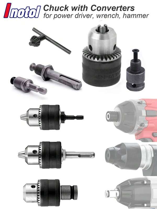 Drill Chuck With Key Adapter Kit Quick Change SDS Plus 1/4inch Hex Hexagon 1/2inch Square Socket Shank For Drill Bit Size 1.5mm To 13mm (1/16" To 1/2") For Rotary Power Impact Hammer Wrench Driver Tools