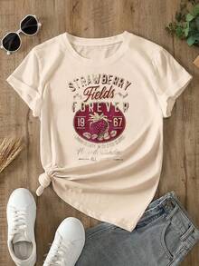 Strawberry Print Crew Neck T-Shirt - Fashionable Womens Graphic Print T-Shirt - Casual Short Sleeve Crew Neck Top - Lightweight & Breathable For Spring & Summer Wardrobe, Polyester, 1 Piece, 200g - 杏色 - 查看 1