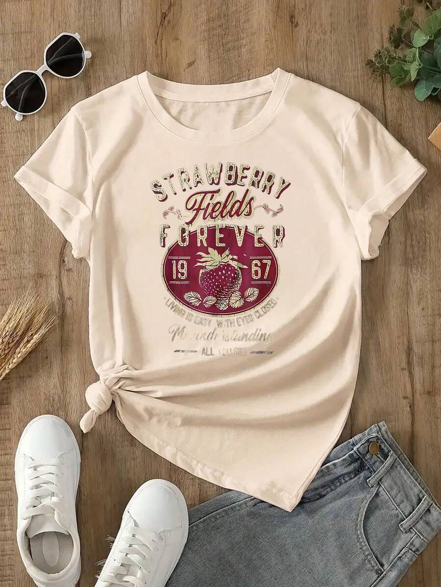 Strawberry Print Crew Neck T-Shirt - Fashionable Womens Graphic Print T-Shirt - Casual Short Sleeve Crew Neck Top - Lightweight & Breathable For Spring & Summer Wardrobe, Polyester, 1 Piece, 200g - 杏色 - 查看 1