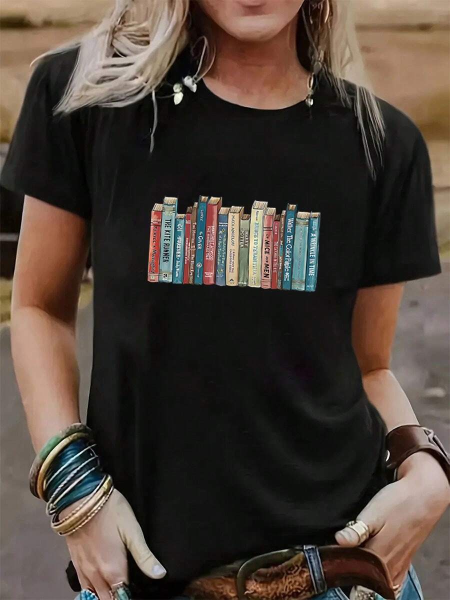 Camiseta Mujer Libros Impresa Primavera y Verano Casual Suelta Cuello Redondo Manga Corta - Negro - Ver 1