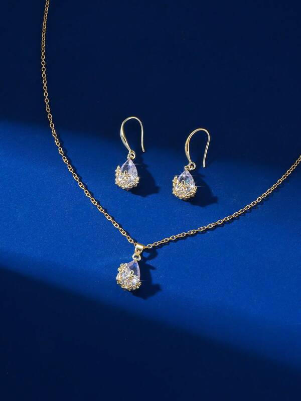 Set de 3 piezas de elegante y delicado conjunto de joyas con colgante en forma de gota de agua y aretes, adecuado para uso diario, vacaciones, regalo para familiares y amigos