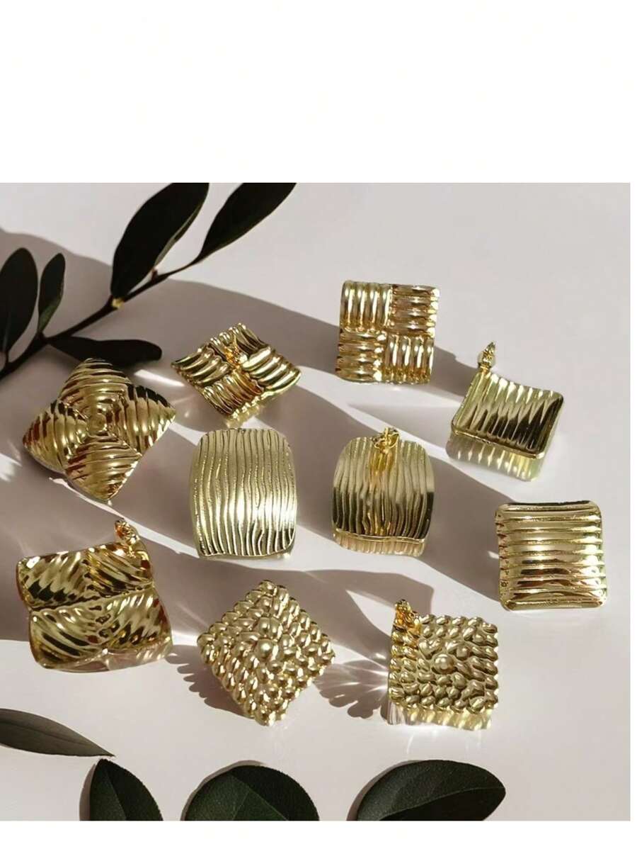 1 par / 5 pares Pendientes de acero de titanio chapados en oro de 18 quilates con textura geométrica de ola, pendientes minimalistas y exagerados de estilo europeo y americano