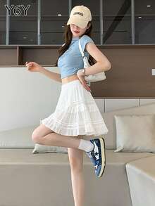 Y6Y 夏季白色高腰蕾丝边分层A字蛋糕迷你裙，甜美少女风格的裙子搭配 - 白色 - 查看 4