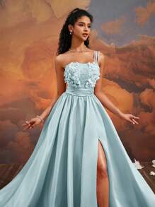 VIPGIRL Eisblau Abendkleid im A-Linie Stil mit asymmetrischem Kragen und 3D Blumen, elegantes geteiltes Tüllkleid für den Abschlussball, Brautjungfernkleid, Abendgarderobe, Abschlussballkleid, Hochzeitsgastkleid, bodenlang, Partykleid, Frühjahr Sommer Kleid