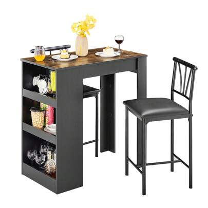 VECELO Breakfast Bar Table And Stools Set For Kitchen Dining Room Pub, Industrial Style With Steel Frame, Storage Shelves, Space-Saving Design