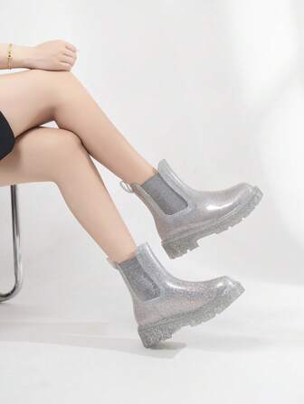 New Arrival Girl's Popular Ankle Rain Boots, Short Stylish Waterproof Chelsea Jelly Shoes, Thick Sole Outdoor Wading