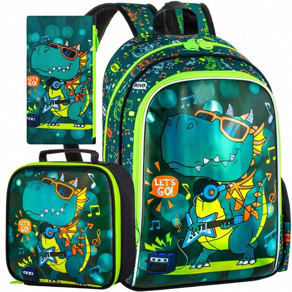 Dinosaur Backpack For Boys, 16" Preschool Bookbag And Lunch Box For Elementary Kids