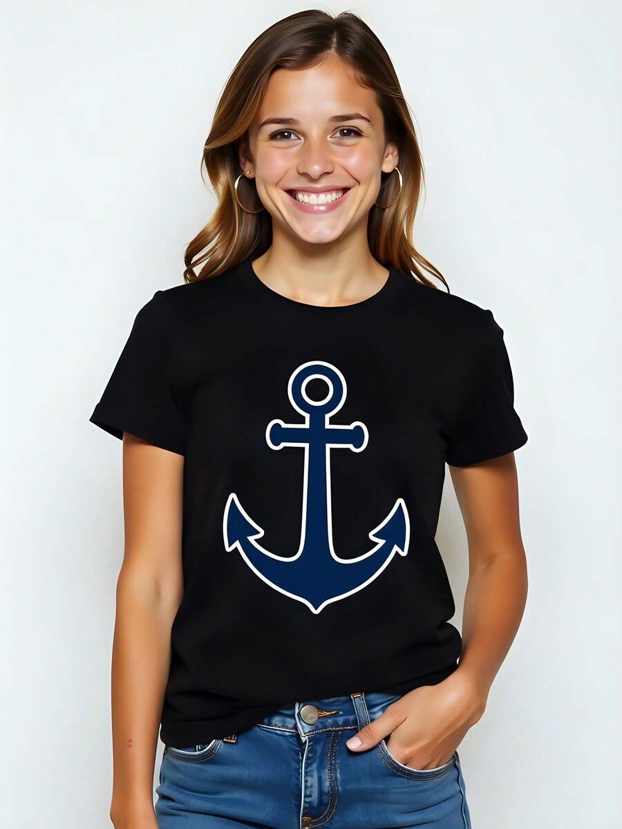 Camiseta negra de mujer con impresión ancla marina, 180g algodón, estilo casual, cuello redondo, manga corta, moda femenina, prendas de alta calidad, versátil y cómoda para el día a día, diseño único y original que destaca. - Negro - Ver 1