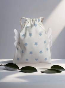 Avec des ailes et des étoiles en peluche mignonnes, sac de rangement multifonction portable pour femme, utilisé pour les serviettes hygiéniques/les soins de la peau/les articles de toilette/la papeterie/les bijoux/le maquillage/les pièces de monnaie. Petits sacs à cordonnet en polyester doux, avec un motif amusant de nuages et d'étoiles (bleu/rose) pour la maison/le bureau fournitures/retour à l'école/vacances anti-poussière/festival.