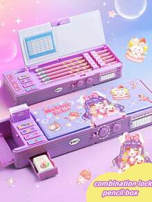 1pc Multi-Function Stationery Pouch With Password Lock, High-Tech Pen Case With Auto Double Layer, Surprise Gift For Girl/Girls , Back To School Gifts - Multicolor - View 2