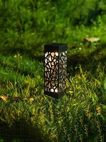 6/12-Solar Garden Light, Black Rectangular Warm-Colored Hollowed-Out Design, ABS Outdoor Garden Ground Installation Solar Light Theme Lawn Light, With Waterproof Automatic Sensor Light Source Switch, Garden Backyard Decoration, Outdoor Decoration, Front Door Decoration, Path Light, Outdoor Plug-In Hollowed-Out Light - Warm Light - View 10