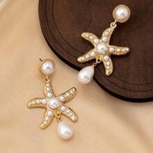 1 par de aretes con colgante de gota de agua con perla de estilo oceánico para mujeres, perfectos para usar durante las vacaciones en la playa