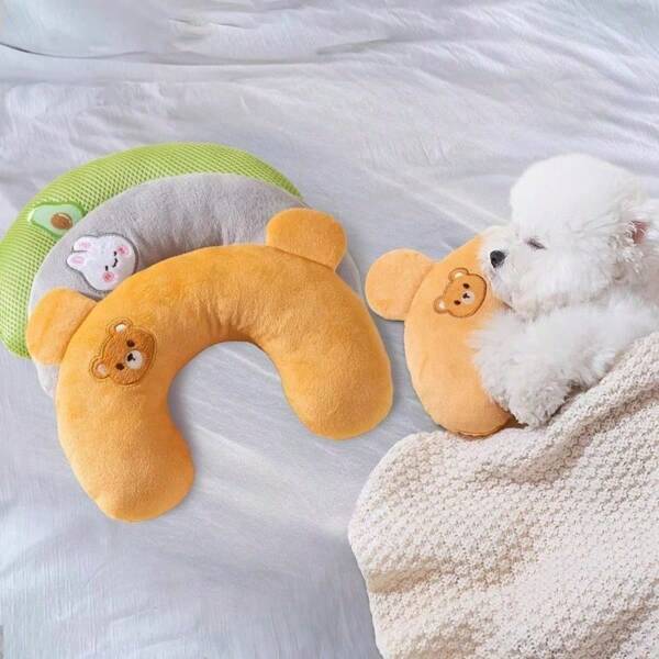 1pc Pets Four-Season Universal U-Shaped Pillow, With Its Adorable Cartoon Embroidery And Incredibly High Aesthetic Value, Feels Soft And Fluffy To The Touch. It's Both Comfortable And Practical, Truly A Little Sleep Assistant For Pets!