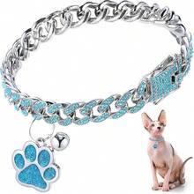 Collar de gato con diamantes, collar cubano con purpurina, metal para caminar con hebilla segura, collar de gato y mascota con eslabones de pata, accesorios de joyería con campana de identificación para gatos pequeños (dorado, 10 pulgadas) - dorado - Ver 13