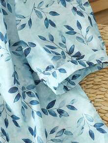 Women's Summer Blue Ditsy Floral Standing Collar Loose Casual Blouse Top