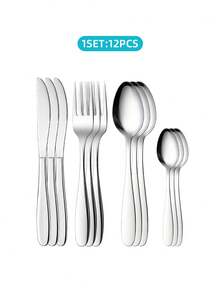 4/12 件不锈钢餐具套装 - 包括牛排刀、餐叉、勺子、茶匙、甜点叉、沙拉/开胃菜/甜点叉以及咖啡/茶/甜点/蛋糕/混合/水果/冰淇淋迷你勺，适用于餐厅、家庭、厨房、酒店、婚礼、生日、周年纪念日、节日 - 可用洗碗机清洗，不锈钢餐具，家庭和酒店餐厅餐具套装，厨刀，礼品餐具套装，银质餐具