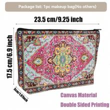 1pc Retro Bohemian Print Canvas Makeup Bag, Toiletry Wash Organizer Pouch & Gift Bag, Travel Storage Bag & Coin Purse, Lightweight, Foldable, Zippered, Machine Washable For Travel, Gym, Camping, Business Or Home Use, Chic Accessory, Perfect Gift For Women, Teachers, And Friends