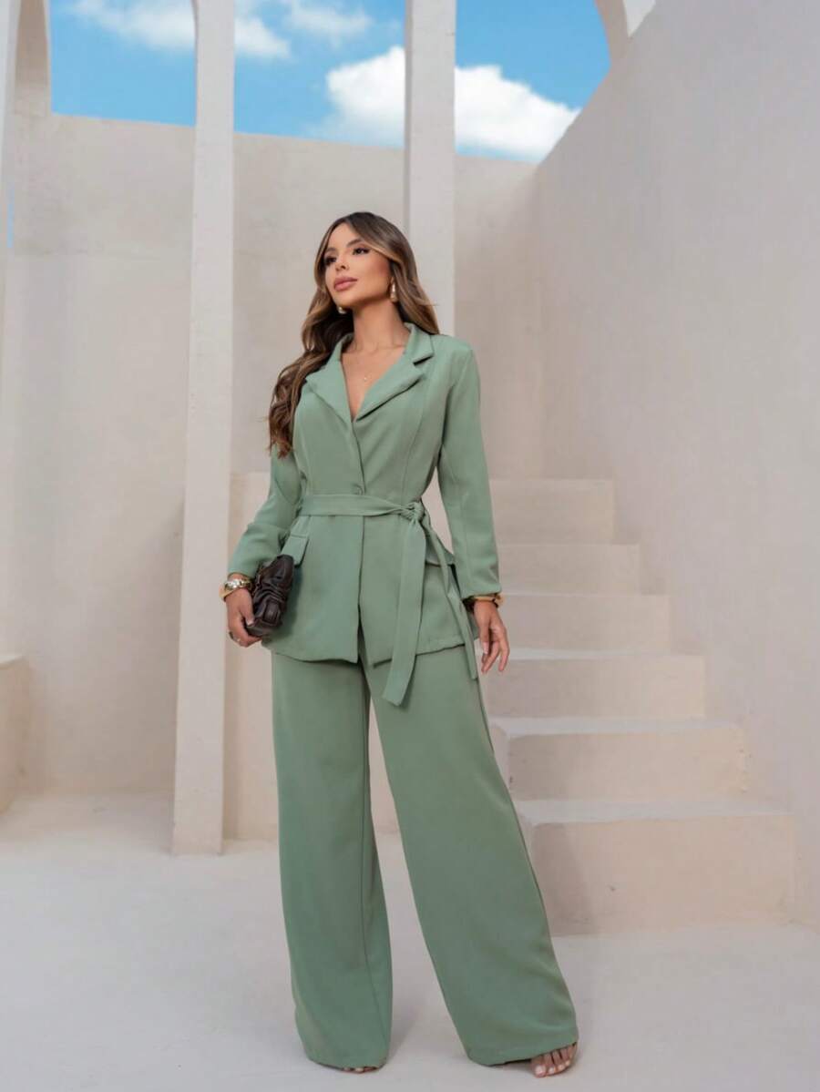 Tailored Suit-Style Blazer Set - Mint Green - View 1