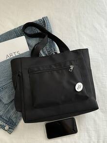 Fashionable & Versatile Solid Color Tote Bag, Minimalist Style Casual Design With Color Blocking, Large Shoulder Handbag - Black - View 2